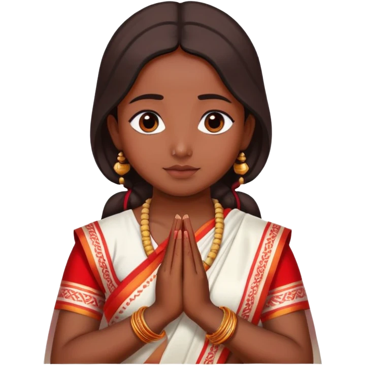 Bengali girl wearing traditional red and white saree with hands joined in prayer position emoji