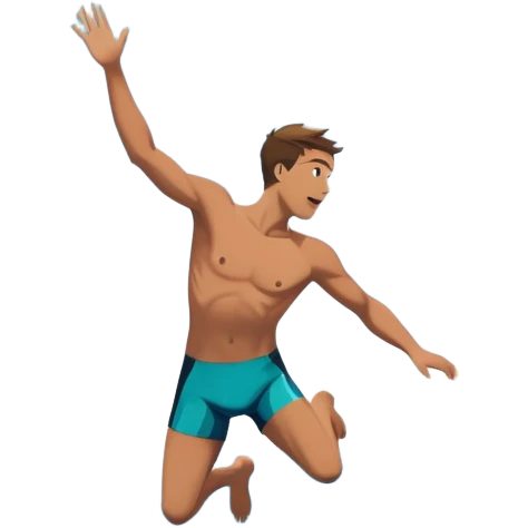 A diver mid-air, plunging from a high cliff into the sparkling ocean below. The background features rugged cliffs, clear blue water, and a bright sky, emphasizing the excitement and danger of the sport with a sense of freedom and adventure. emoji