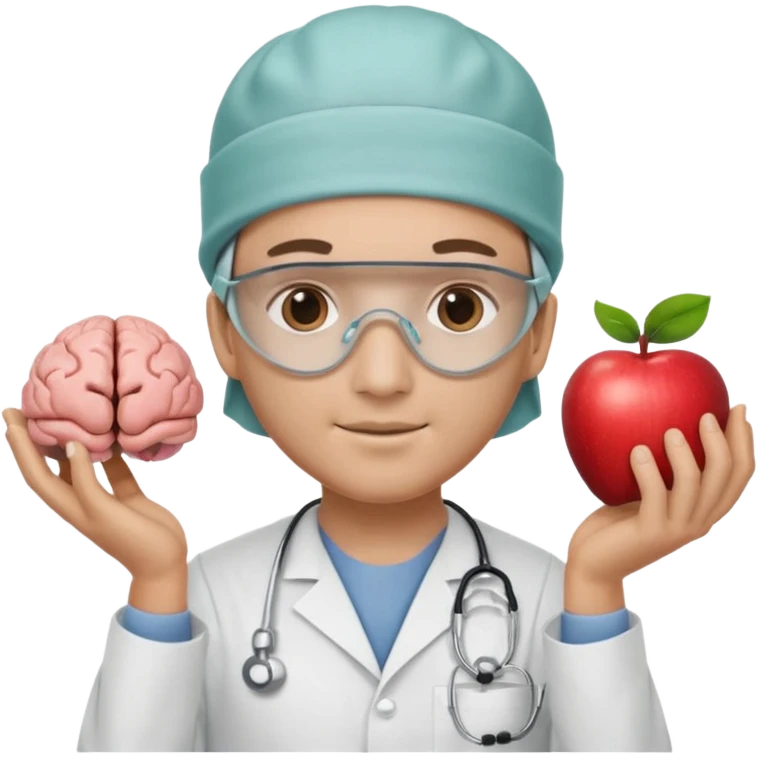 neurosurgeon wearing surgical cap and mask holding brain model, apple emoji style emoji