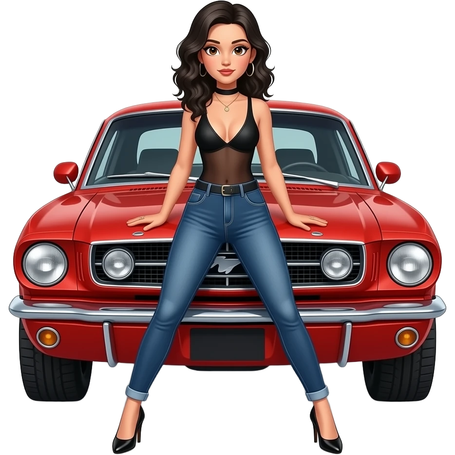 Pale girl with black wavy hair and brown eyes in front of a red ford mustang 1968 coupe. Girl wearing a sheer black sleeveless top, low neckline, jeans and heels with visible toes. Legs wide spread and hands resting on the hood. emoji