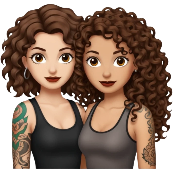 side eye duo — long wavy brown hair tattooed woman and short tight curly brown hair woman — rogue grin emoji
