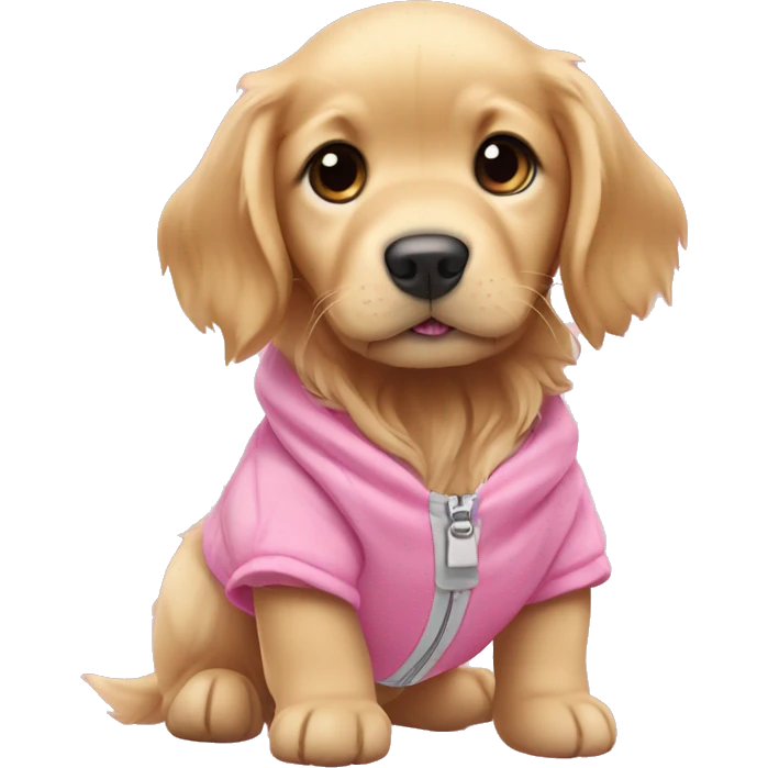 Golden retriever small  puppy wearing Coquette pink-ish dog clothing emoji