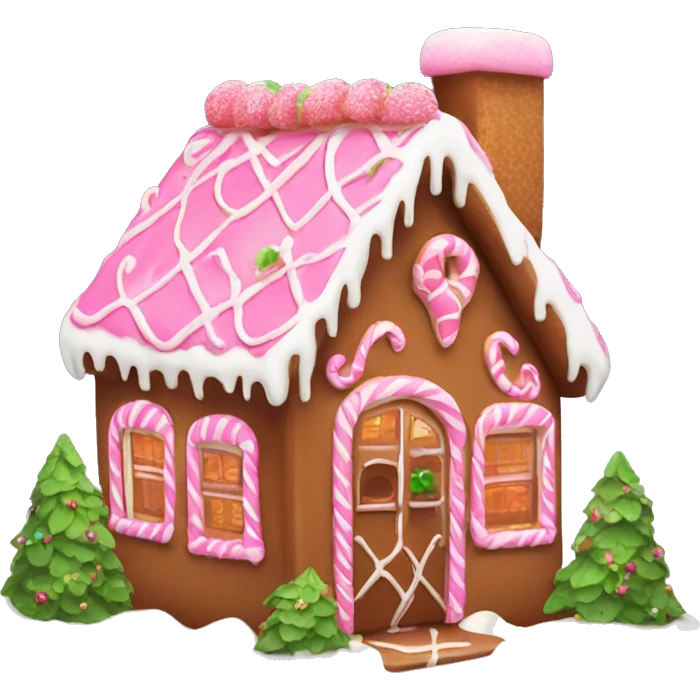Pink and brown gingerbread house with light greenery  emoji