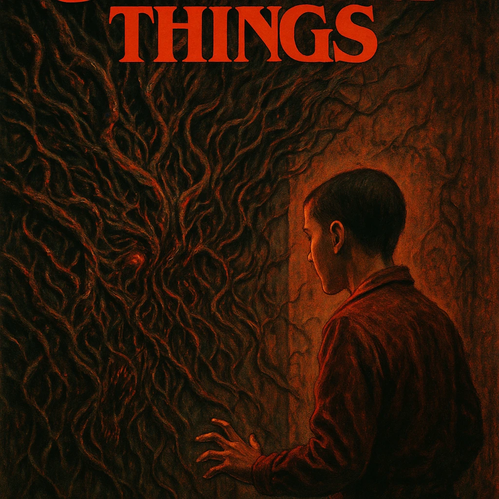 Stranger Things series horror poster style, Eleven facing a wall of writhing vines from the Upside Down, intense and supernatural scene emoji