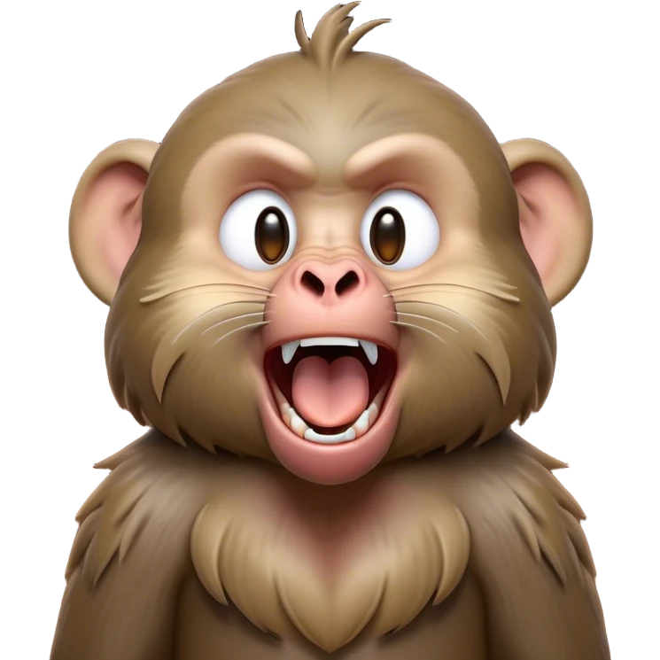Cinematic Cute Yawning Baboon Portrait Emoji, Head tilted slightly with a dramatic, wide-open yawn, showcasing a soft, textured Fur of earthy browns with droopy ears, round eyes barely open in drowsy contentment, Simplified yet irresistibly adorable features, highly detailed, glowing with a soft, cozy glow, high shine, relaxed yet expressive, stylized with a touch of playful urban charm, bright and endearing, soft glowing outline, capturing the essence of a sleepy yet affectionate baboon, so drowsy it feels like it could stretch out of the screen and curl up for a nap! emoji