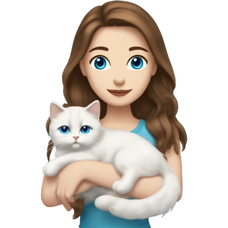 woman with brown hair and holding a all white Siberian cat with blue eyes emoji