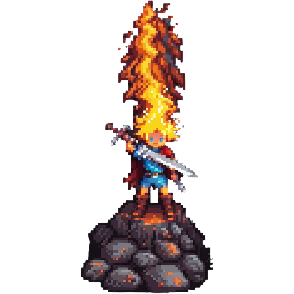 a boy with a flaming sword on a volcano, pixel art style, dramatic lighting emoji