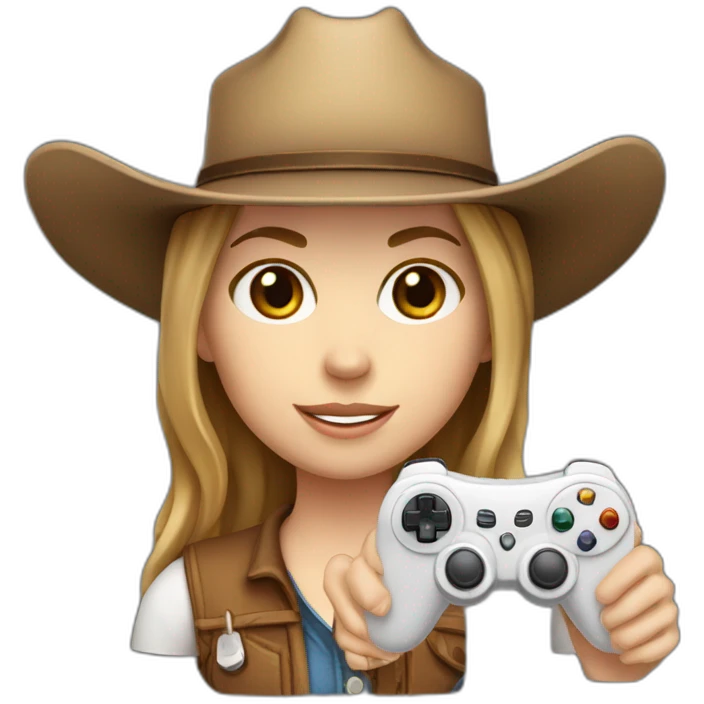 white girl with light brown hair with a cowboy hat holding a game controller emoji