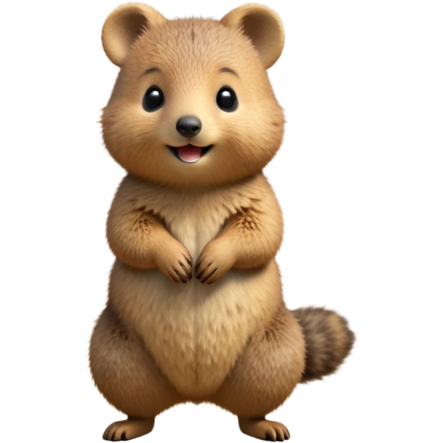 cinematic-quokka-realistic-full-body-standing-emoji,-small-round-frame-balanced-on-tiny-strong-hind-legs,-fluffy-brown-fur-radiating-a-warm-softness,-big-round-eyes-filled-with-joy-and-innocence,-tiny-clawed-paws-held-close-to-chest,-cheerful-smile-exuding-endearing-happiness,-simplified-yet-realistic-focused-features,-highly-detailed,-glowing-with-a-sunny-warmth emoji