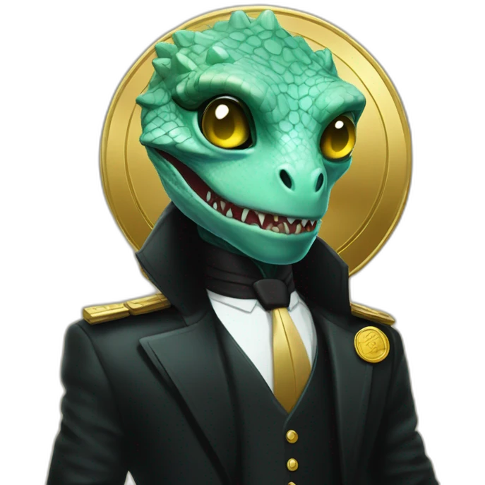 Aquamarine reptilian in black suite with laser eyes on the golden coin in background emoji