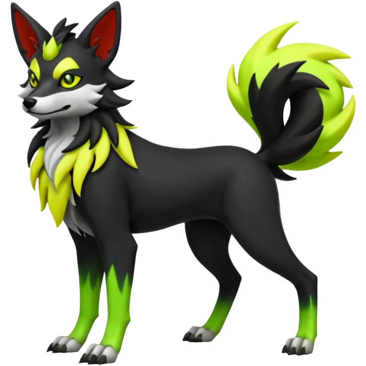 Hyper realistic skeletal black and neon green and neon yellow Mightyena-Lycanroc-Zorua-Litten-Houndoom-Fakémon-Pokémon-Digimon-hybrid-fusion (full body) emoji
