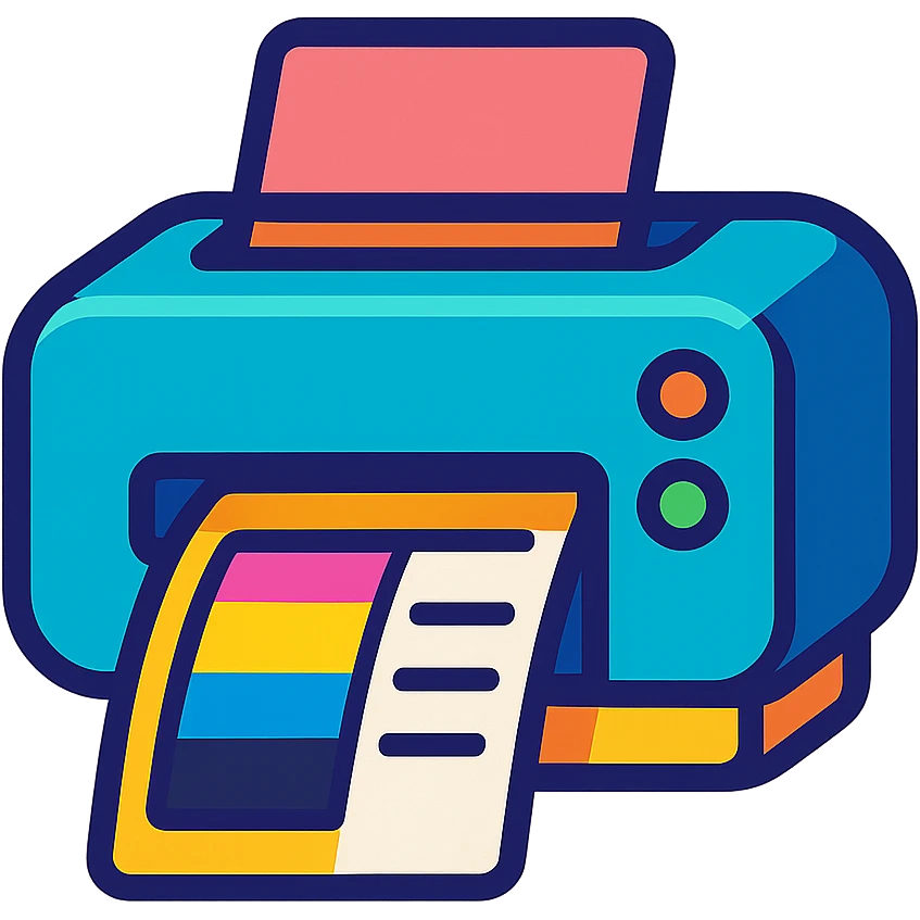 icon of a printer with A4 paper, showing both color and black printouts, vibrant colorful style emoji