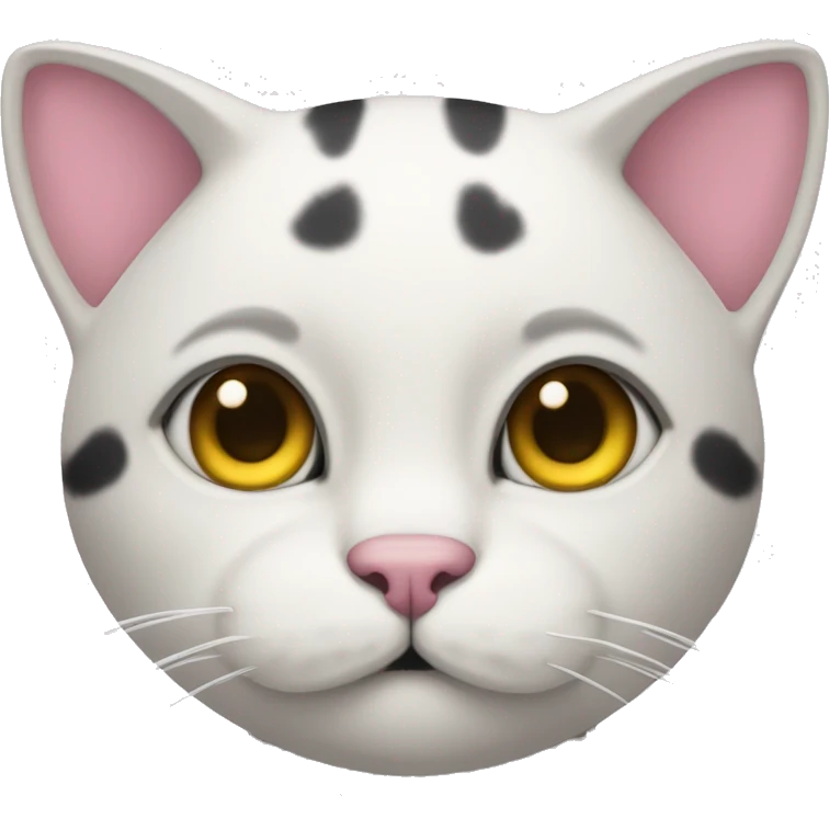Cat with clear white face, little black spot like mustache under nose, pink ears, and forehead and under ears the fur is black, yellow eyes, no stripes emoji