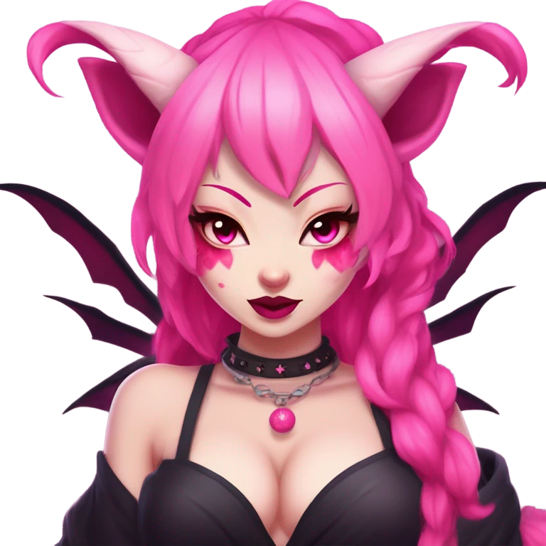 Full body female, succubus kitsune, neon pink eyes, vibrant pink hair, alabaster skin, voluptuous, athletic, fluffy black tails, pink tail tips, spiked choker, unique heritage, seductive charm, rebellious spirit, traditional kimonos, 
 emoji
