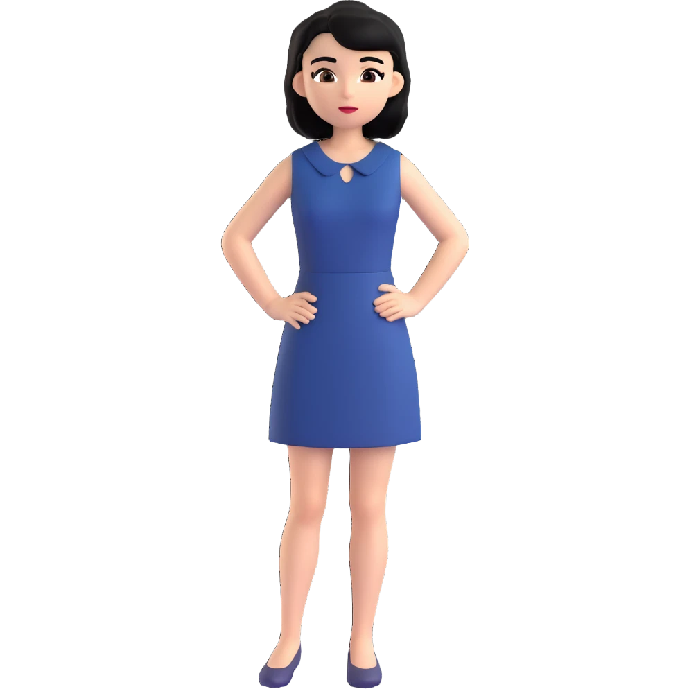 A girl with black hair, dark brown eyes, a beautiful face, short, straight hair to the shoulders, and a navy blue dress. emoji