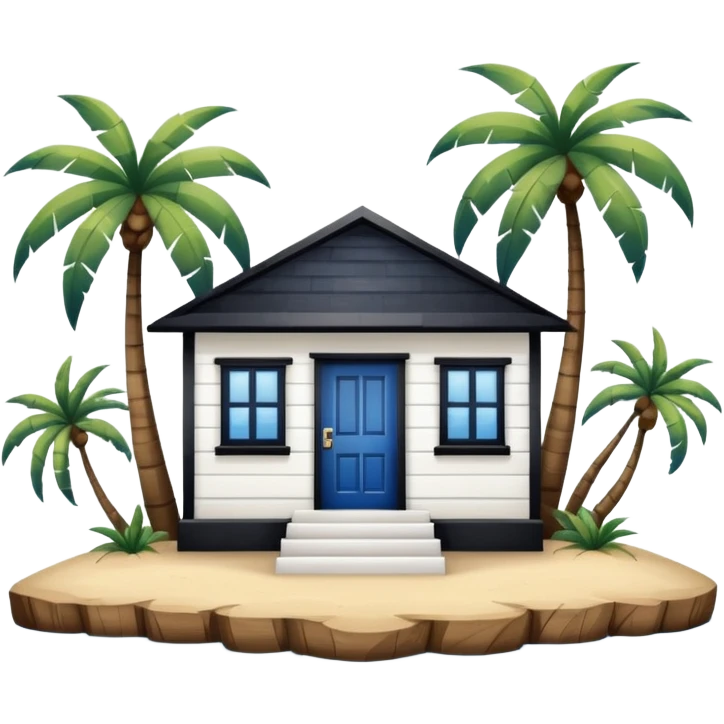 A square white and blue stripe house horizontally with wooden door on a island with palm trees emoji