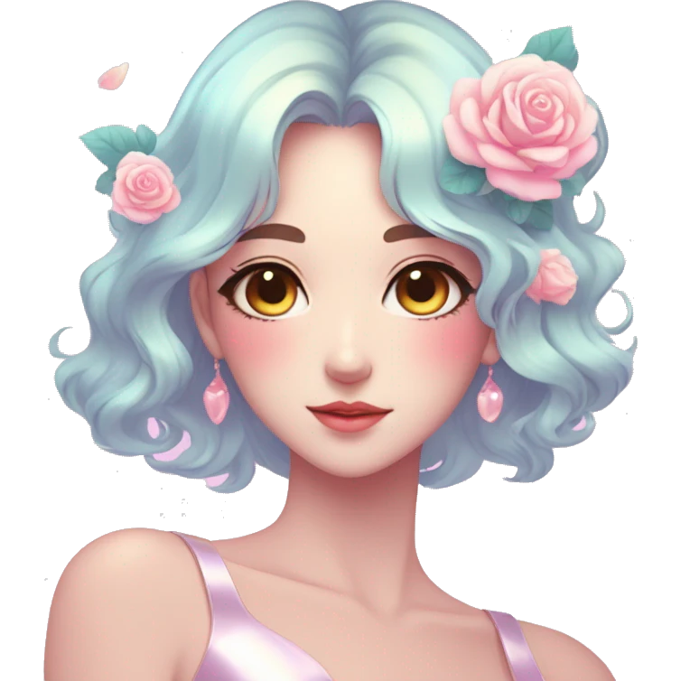 Gorgeous pastel shiny pearly colorful anime style lady with blushing face and roses leaves shiny aesthetic trending style emoji
