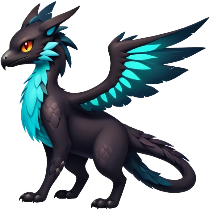 Black Dark Exotic Tropical Beaked Feathery Nocturnal Neon-glowing Abyssal Nightly Abyss-Cat-Gryphon-Noivern-Salandit-Silvally-Fakémon Creature (full body) emoji