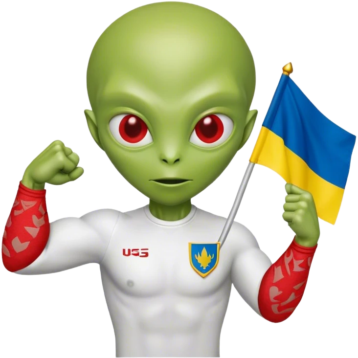 Green alien in Shirt 👚 vyshyvanka, white with red embodiary on sleeved, with 🇺🇦 Ukraine flag in a hand and 💪 emoji
