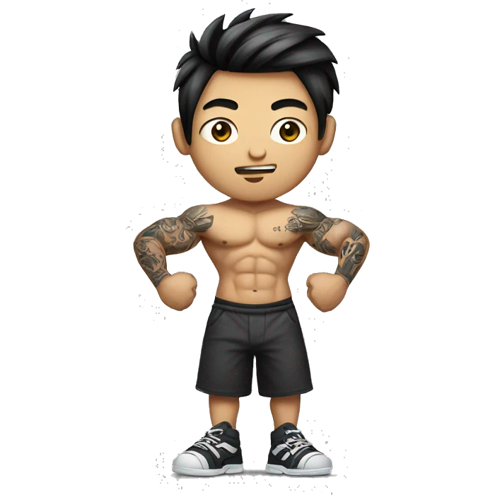 bad boy asian. tattoos. muscles. holding weights. realistic, full body with legs. making the 'rizz' face  emoji