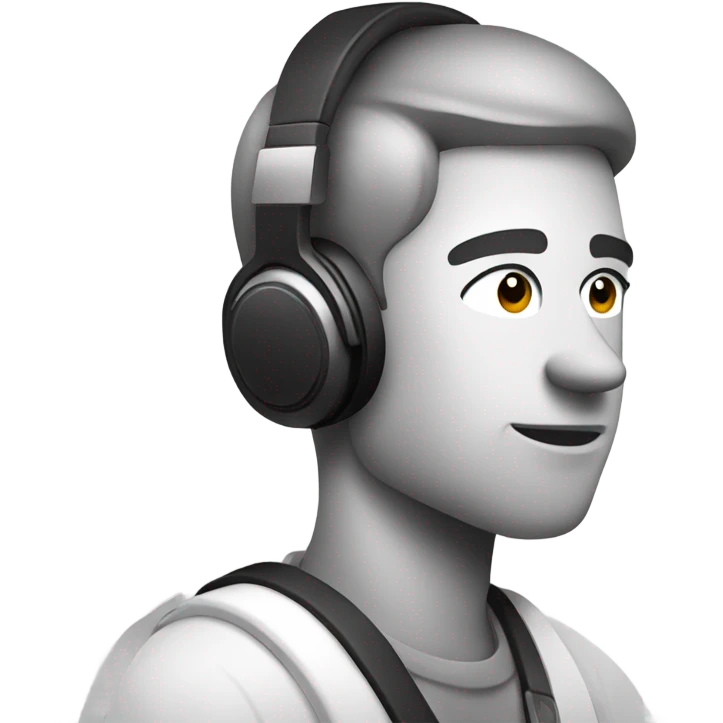 "Black and white minimalist emoji of a vlogger with a camera, wearing headphones, in a side profile pose, capturing a scene. Clean lines and simple design." emoji