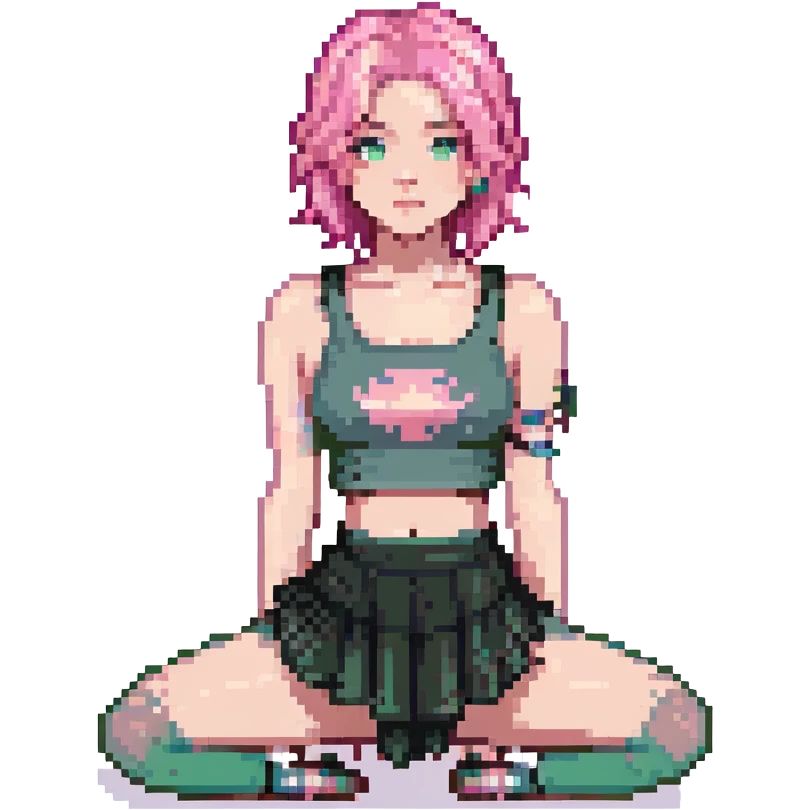 A girl with pink hair, wearing a skirt, sitting sideways on her leg, wearing a crop top, dark theme emoji