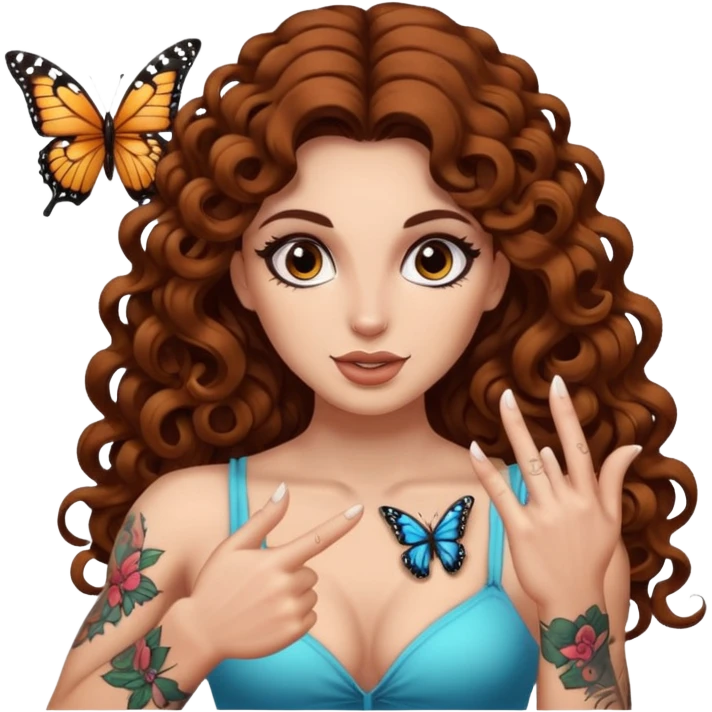 portrait woman long curly brown hair brown eyes white skin tattoos muscular build butterfly landing on finger emoji