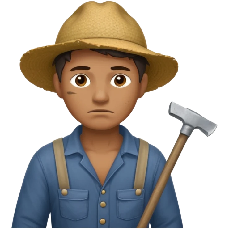 Emoji portrait of a male agricultural slave. He has a tired expression and wears rough clothes, holding a hoe over his shoulder. emoji