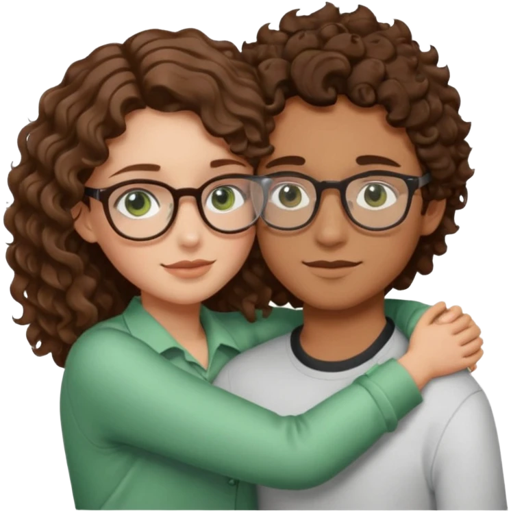 Girl with green eyes and wavy hair hugging a boy with brown eyes and brown curly hair with glasses  emoji