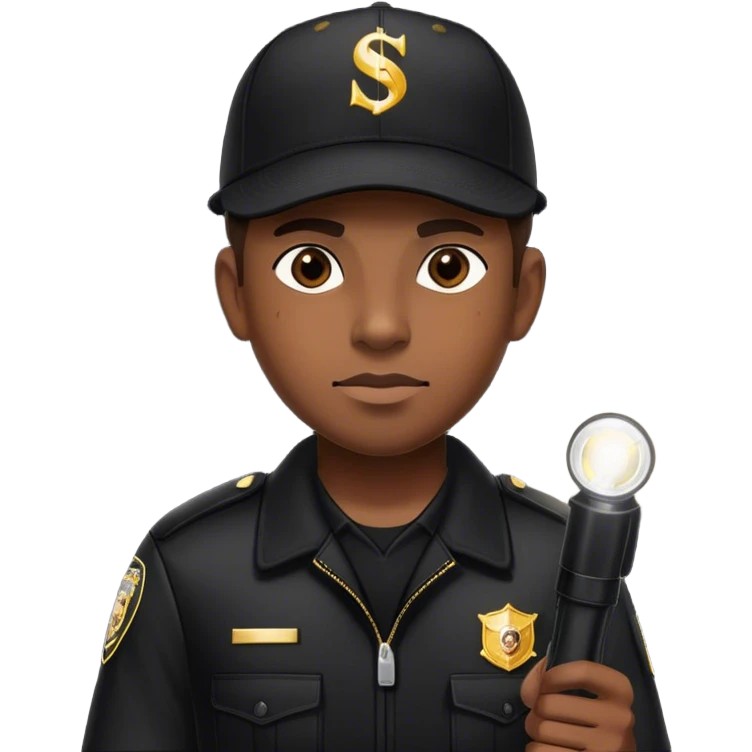 A vigilant male security guard wearing a black uniform, a baseball cap with ‘SECURITY’ embroidered on it, and a black jacket. He holds a flashlight  shining its beam forward, np police uniforms, no badge emoji