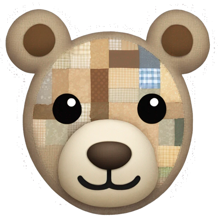 Patchwork teddy bear in neutral colours, with seams coming unstitched and button eyes  emoji