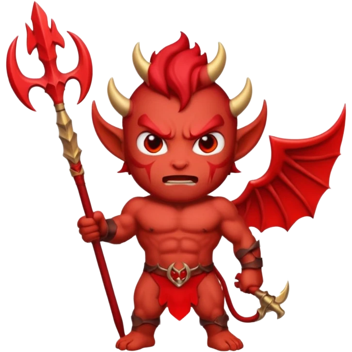 Emoji-style devil: red skin, horns, muscular body, red trident, angry face, same cute emoji style as the angel. emoji