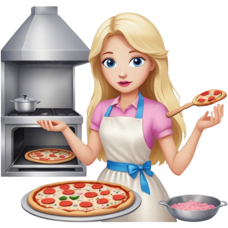 Cinematic realistic beautiful blonde with long hair, blue eyes and pink lips in a white dress cooks pizza emoji