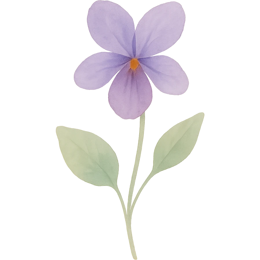 purple violet with stem and leaves, luminous colors, gentle blending, realistic botanical illustration emoji