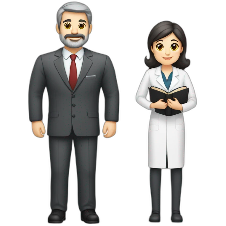 husband classy caucasian 55 some dark gray hair trimmed beard wearing business suit holding bible, with wife asian age 55 dark hair nurse uniform, no children emoji