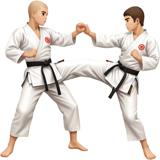 Two karate fighters in traditional gi sparring. One executes a high kick aimed at the opponent’s head, while the other blocks with a strong hand defense. The background features a classic dojo with wooden flooring and banners. Dynamic motion and focused expressions. Transparent background. emoji