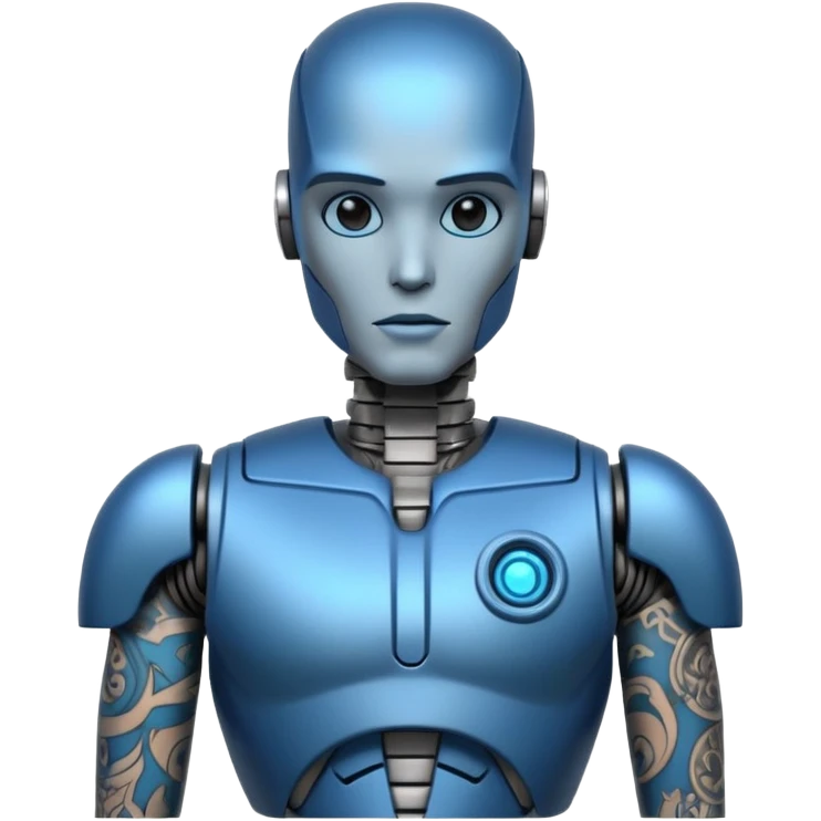 blue Tatooed robot, big many tatooes on chest, neck and face emoji