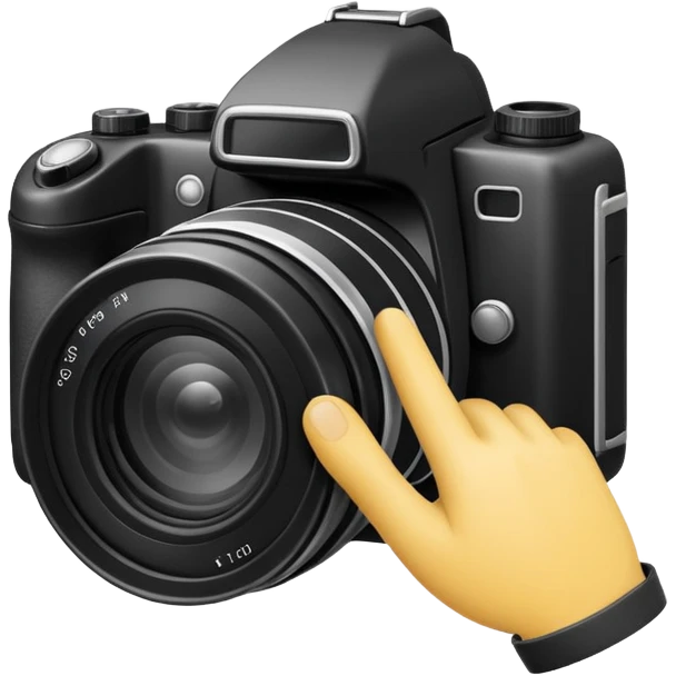 Minimalist emoji-style sticker of a photo camera ejecting a photo, but a hand comes out instead. Black and white, surreal icon. emoji