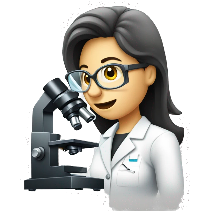a woman with lab coat looking in an optical microscope emoji