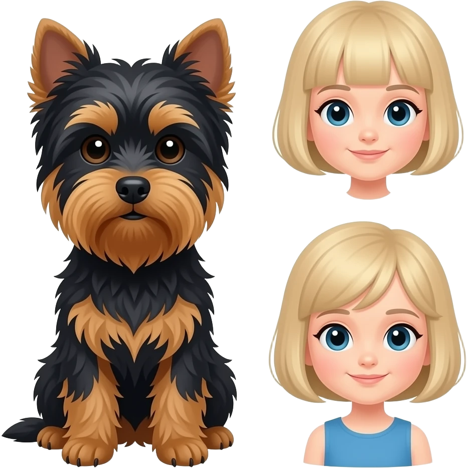 woman with bob haircut with little Yorkshire full black without any brown brown and long hair in the eye and little blond girl with pixie cut emoji
