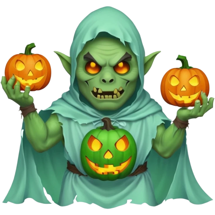 male orc ghost emoji, green skin, tusks, wearing torn white ghost sheet costume, holding glowing jack-o'-lantern, faint blue aura, friendly but spooky expression, Halloween fantasy theme, Apple emoji style, clean white background, square emoji