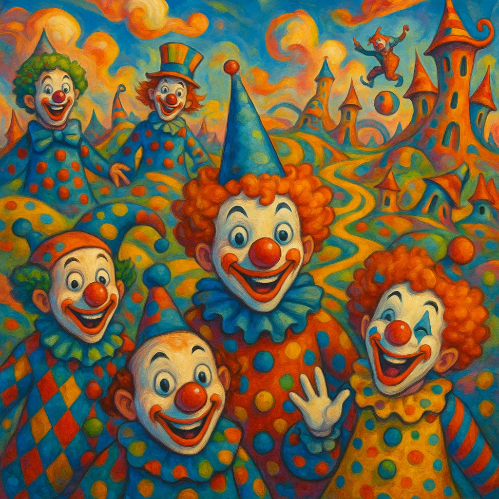 a surreal clown world, with colorful clowns, whimsical landscapes, and playful chaos, vibrant and imaginative emoji