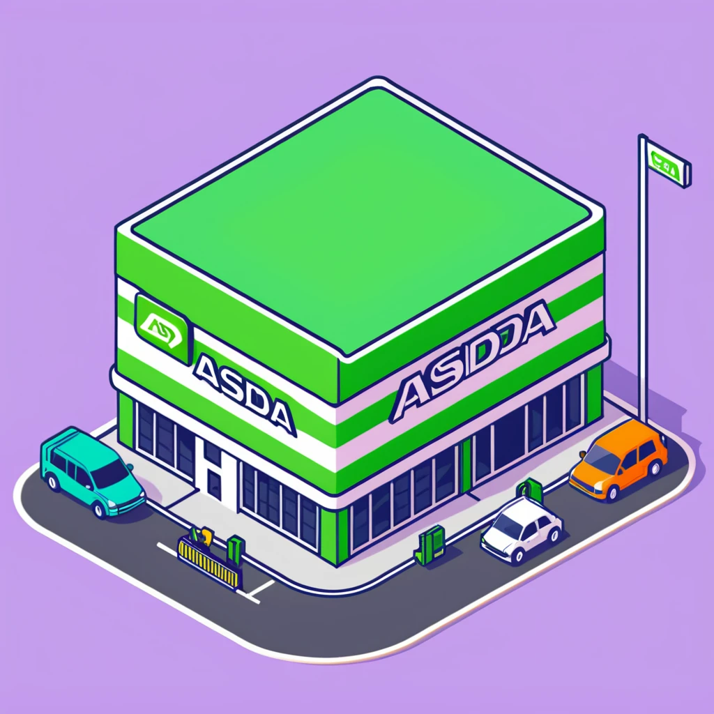 Isometric ASDA supermarket exterior with green facade, click and collect pickup point, and British number plate cars in car park emoji