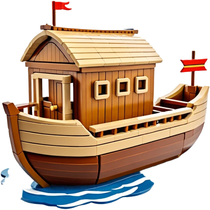 Huge empty wooden Lego Noah's ark ship on water, wide and spacious, no occupants, realistic details emoji