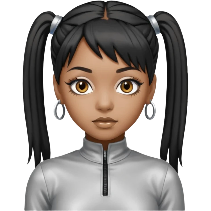 Left Eye from TLC with dark skin, long black ponytail hair, silver outfit emoji
