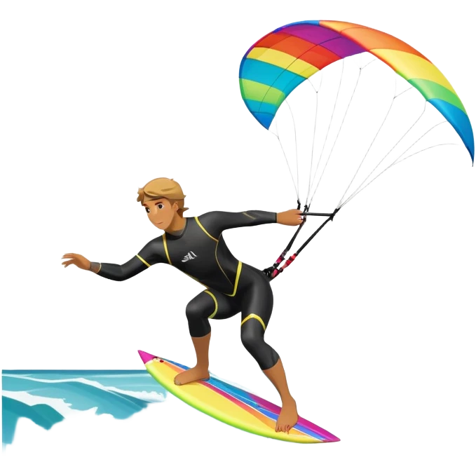 A kite surfer gliding across the water with a colorful kite soaring in the wind. The scene captures the excitement and fluid movement of the sport, with waves splashing around and a clear sky, emphasizing freedom and adventure. emoji