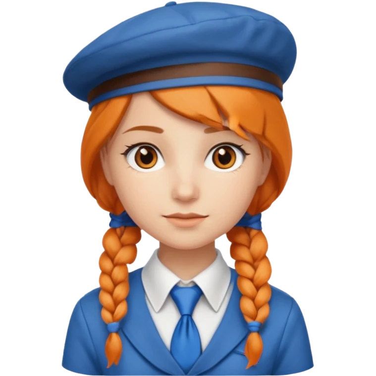 orange braided hair girl, wearing white shirt, Blue Necktie, and a brown berret Hat emoji