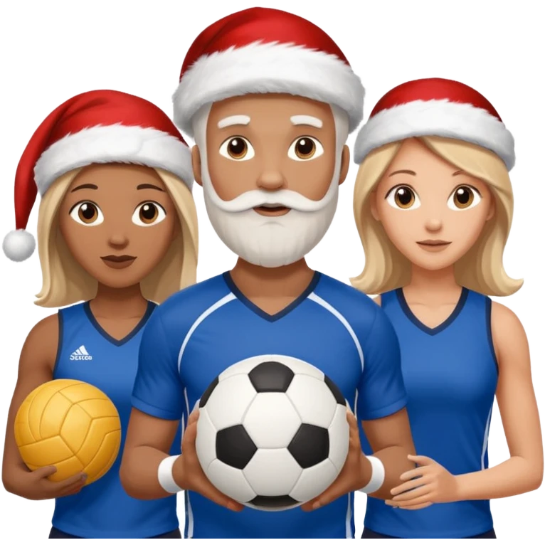 3 atletas, um homem no meio e duas mulheres com cores de pele diferentes, usando elementos esportivos, bola de futebol e bola de vôlei. Coloque um chapéu de papai noel das cores verde e com roupas azul e branco emoji