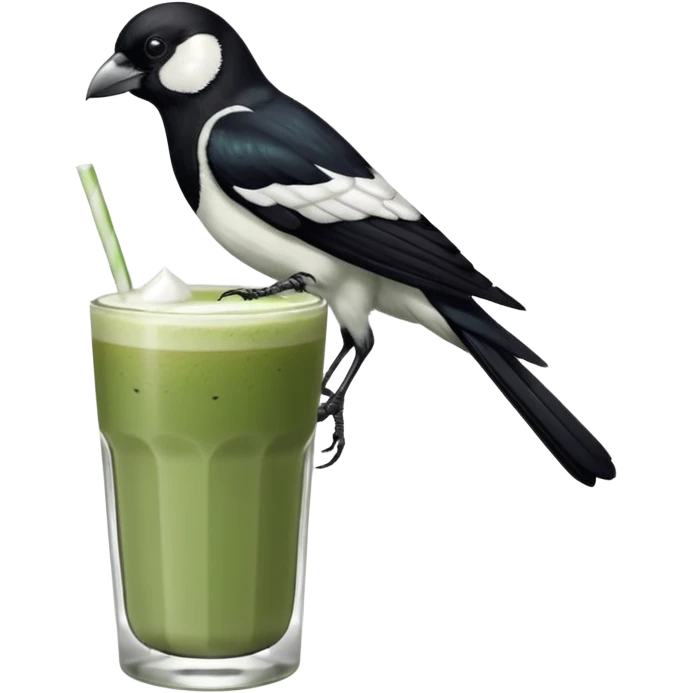  ONE Australien Magpie (just black and white feathers) sitting on an iced matcha latte on the edge of the glass. magpie has green matcha on its beak. matxha latte is in a see through glass and white from the oat milk on the bottom and green without seeds on top… one straw & ice cubes emoji