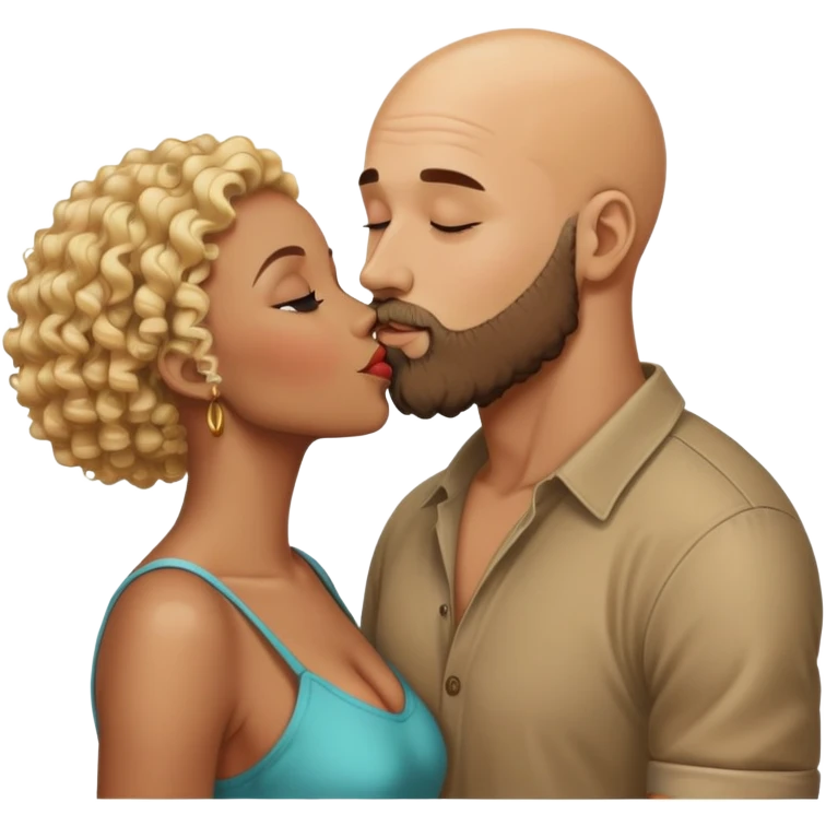 bald head man with beard kissing African woman with curly blonde hair emoji